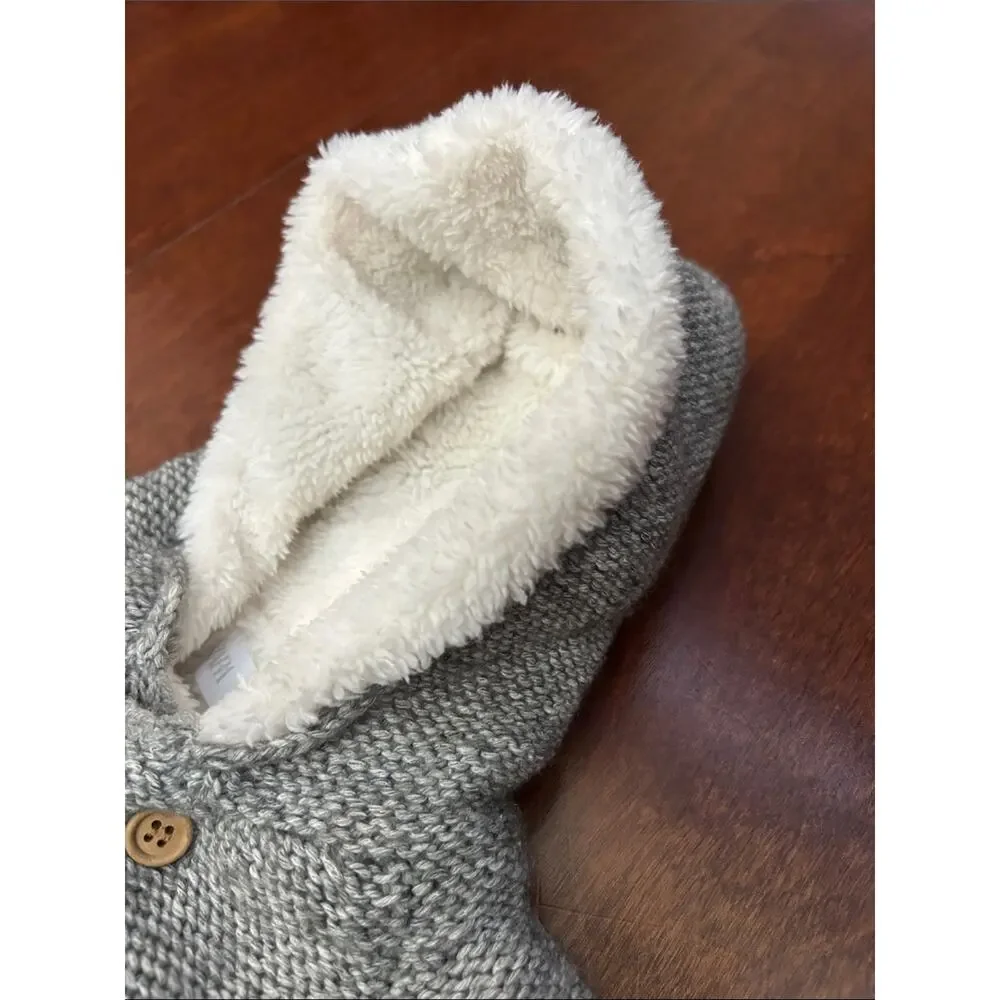 Zara Kid’s Gray Knit Hooded Baby Sweater with Cream Sherpa Lining, Size 1-3 M